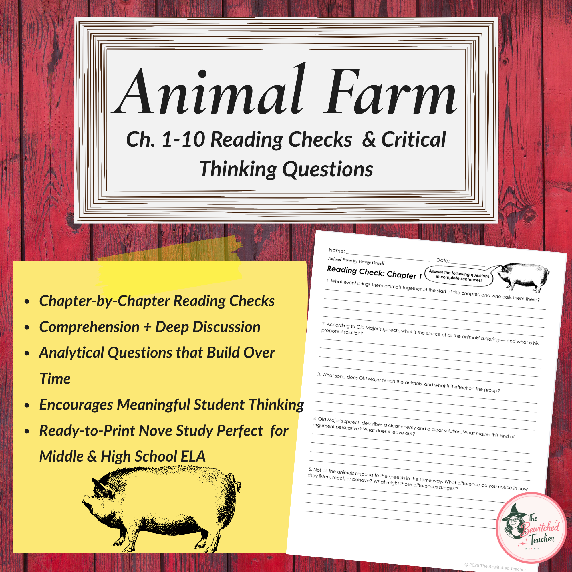 Animal Farm Reading Checks & Critical Thinking Questions | Ch. 1–10 Novel Study