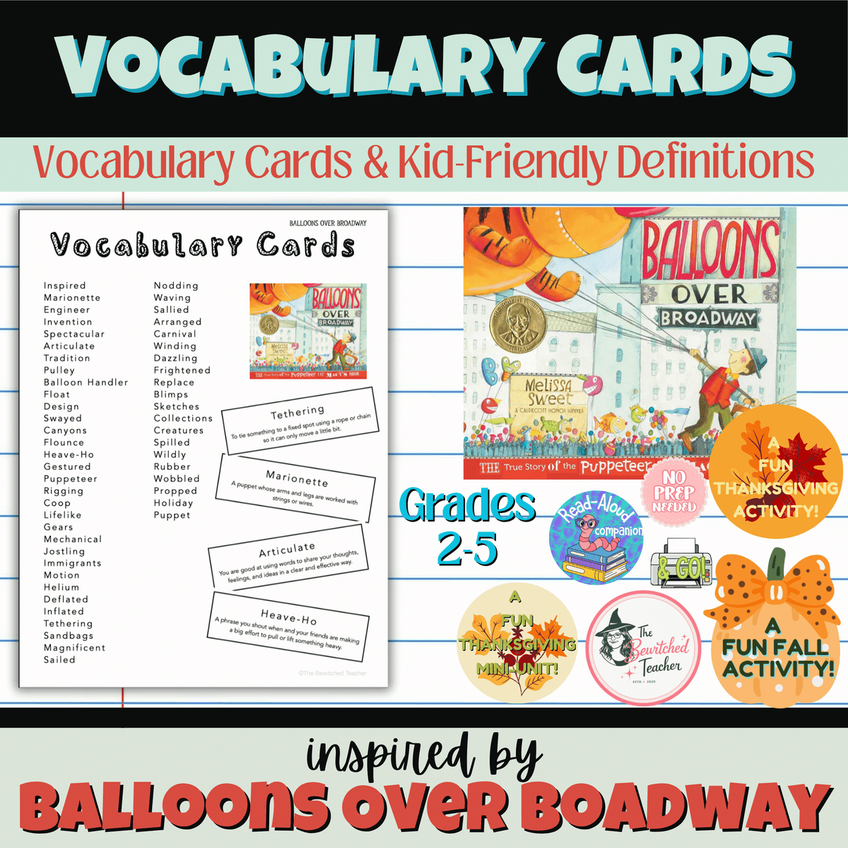 Balloons Over Broadway Vocab & Definition Card Pack  | A Thanksgiving Read-Aloud