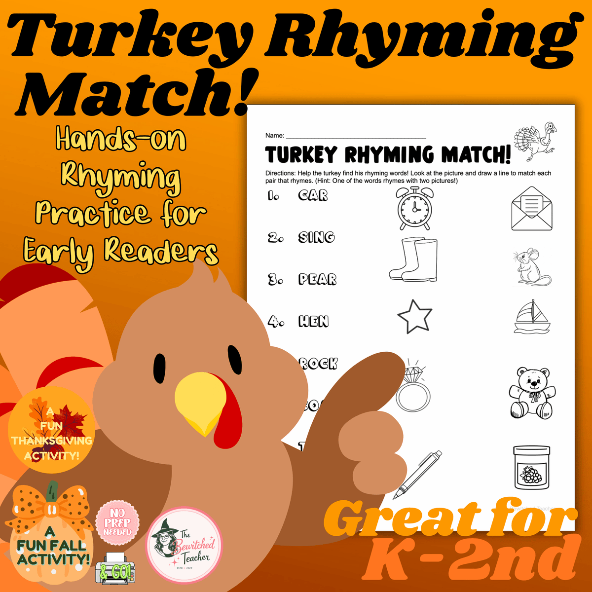 Turkey Rhyming Match #2 | Thanksgiving Literacy Center for K-2nd Grade