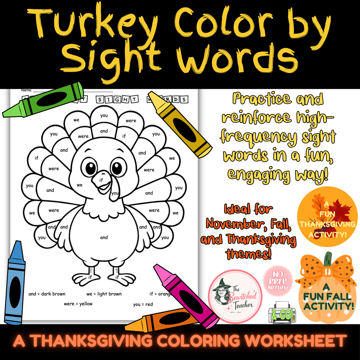 Turkey Color by Sight Word | Thanksgiving & Fall Literacy Activity Worksheet