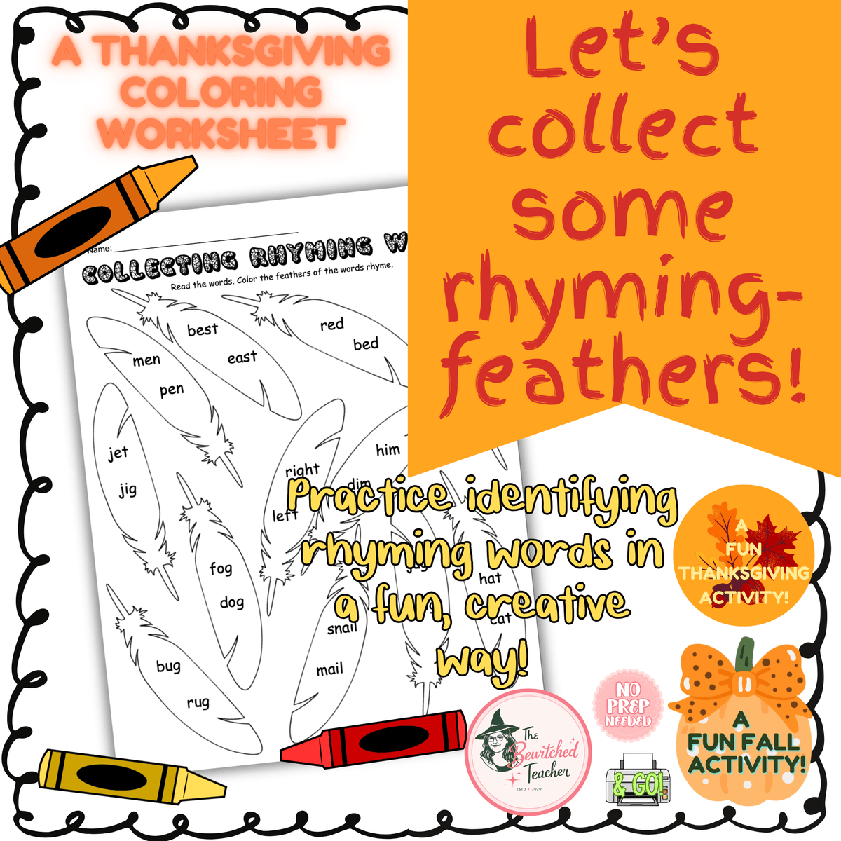Collecting Rhyming Words: Feathers Coloring Worksheet | Thanksgiving Activity