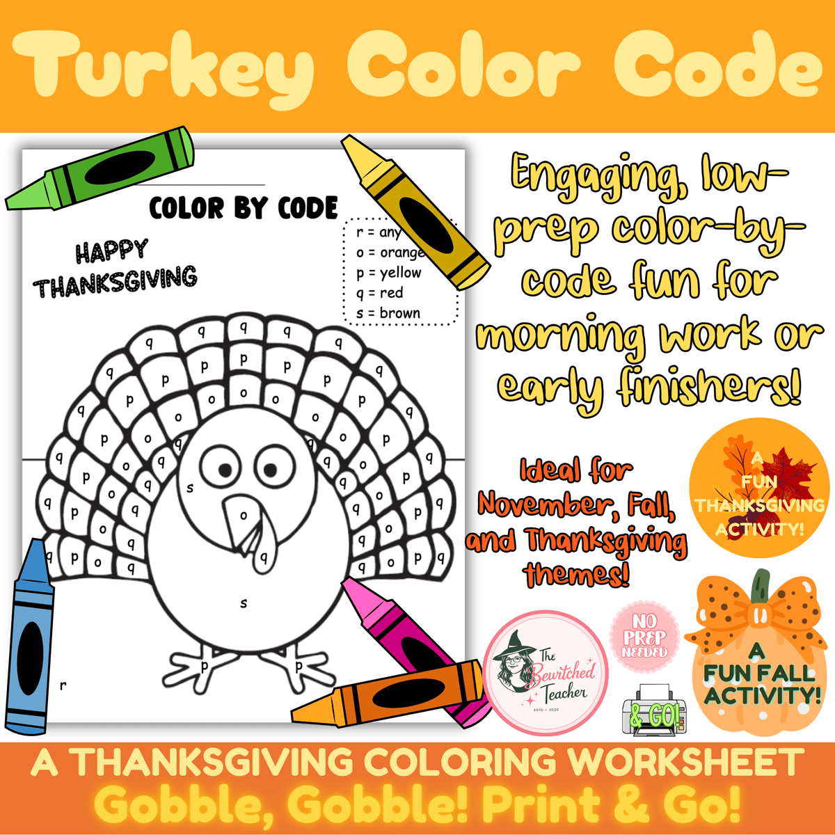 Turkey Color by Code | Thanksgiving Activity Worksheets
