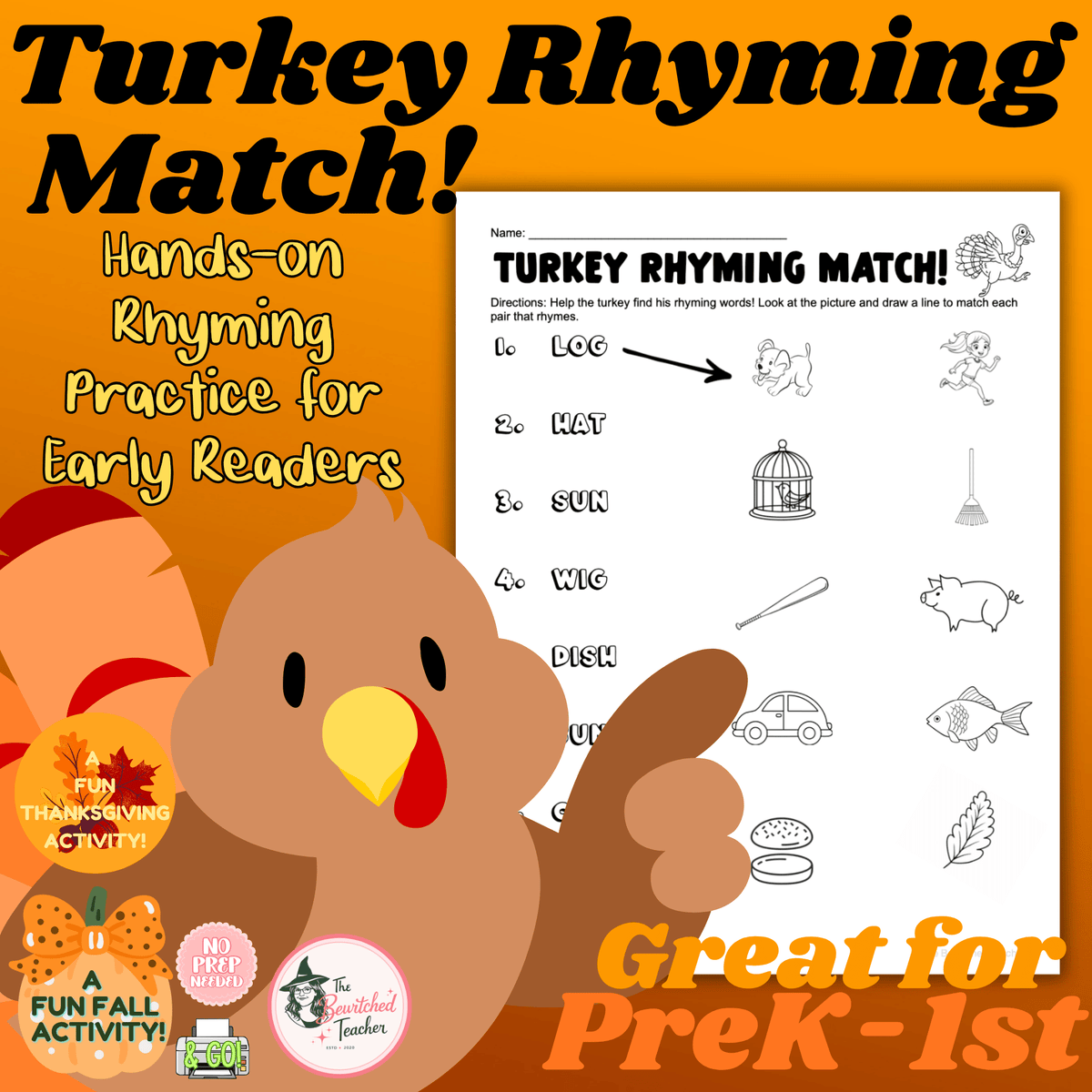 Turkey Rhyming Match #1 | Thanksgiving Literacy Center for PreK-1st Grade