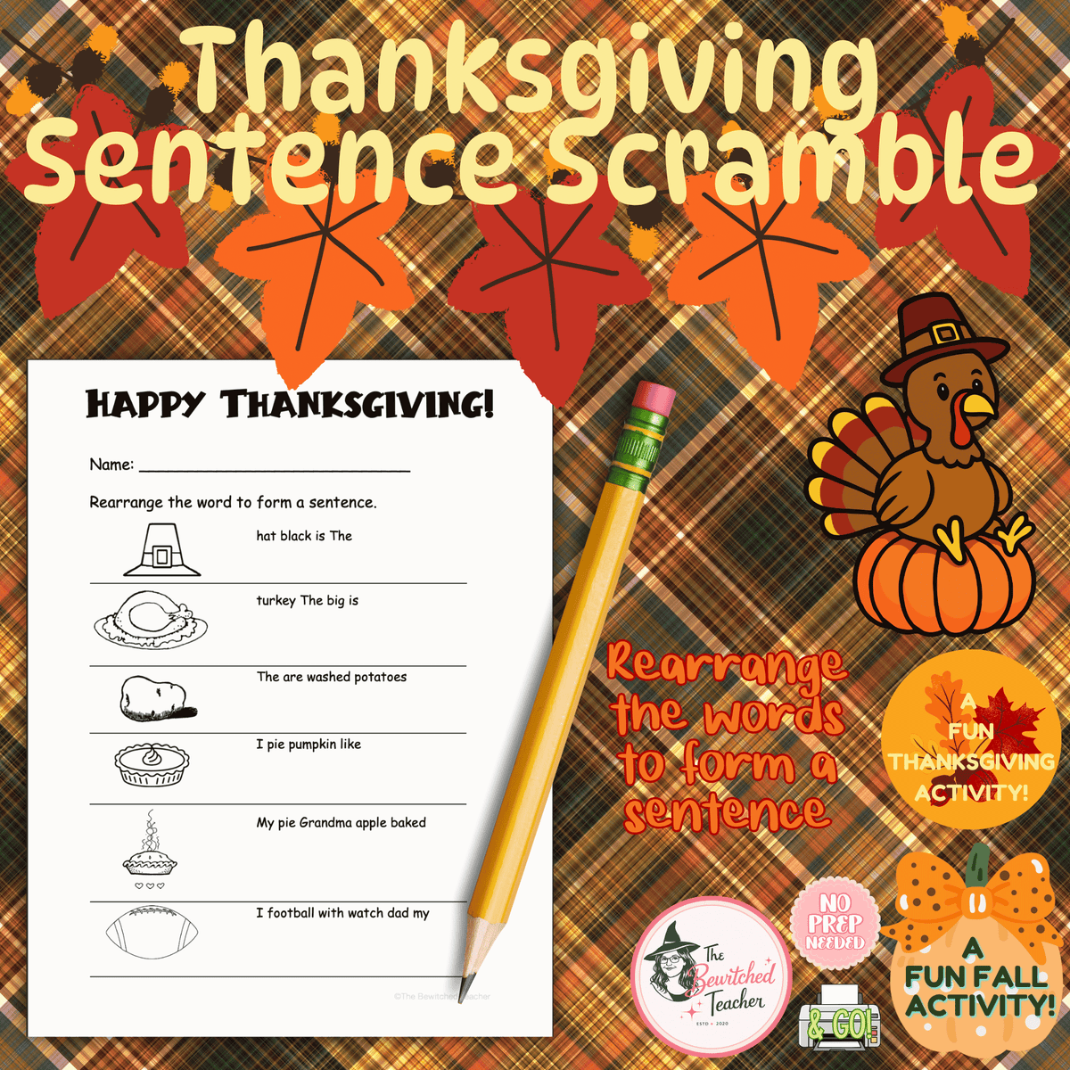 Thanksgiving Scrambled Sentence Activity | Fall Literacy Worksheet