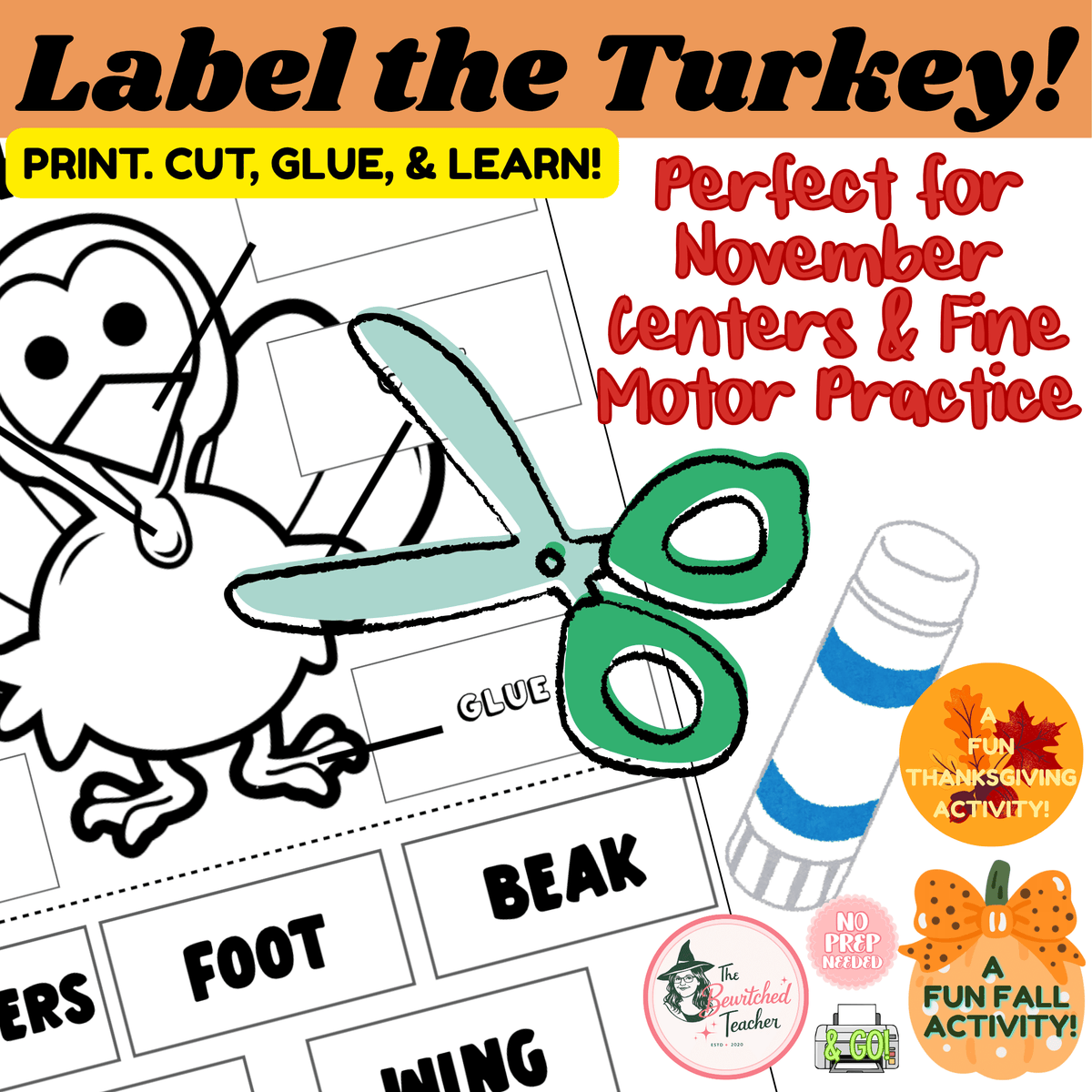 Thanksgiving Turkey Labeling Activity & Cut-and-Glue Craft | November ELA & Fine Motor Resource