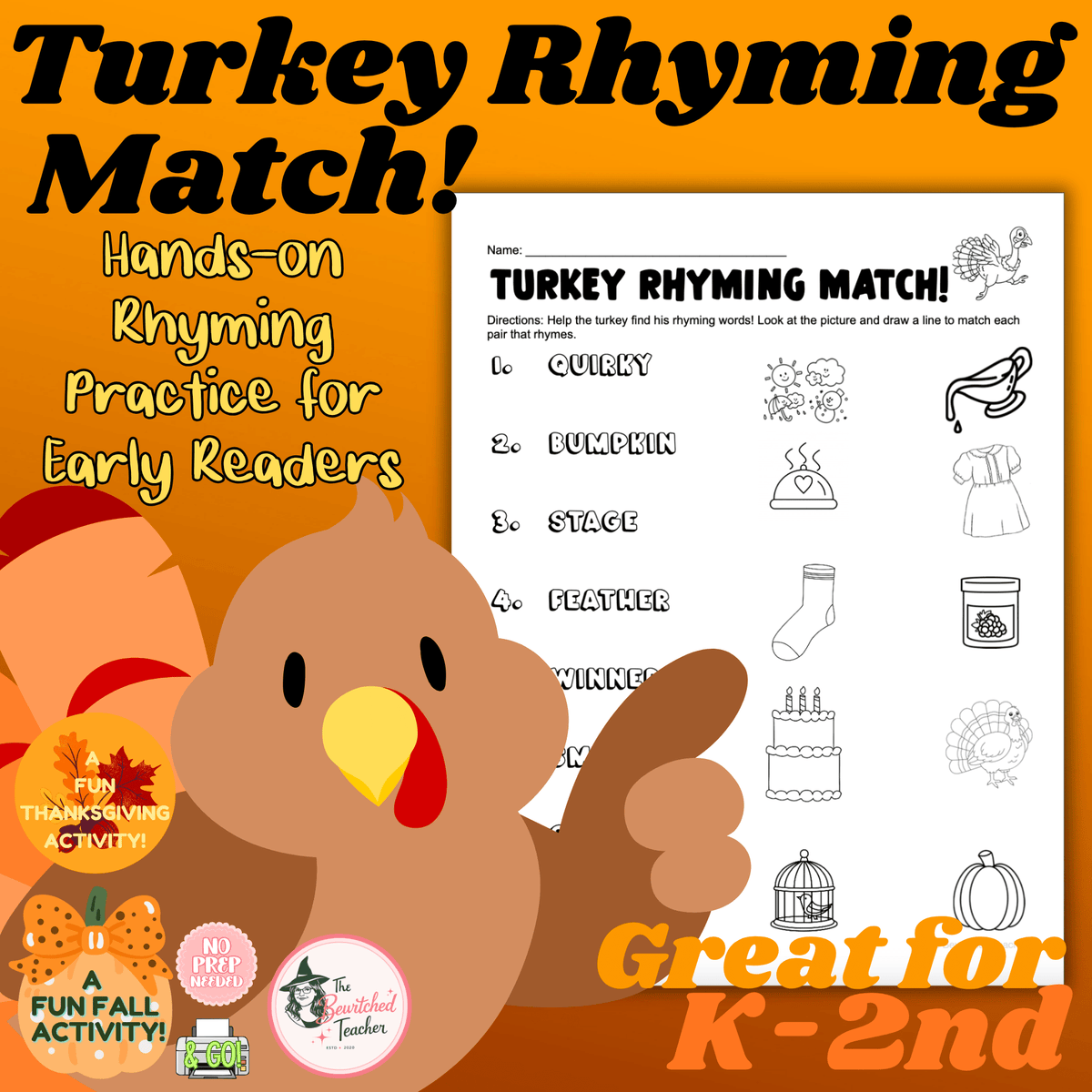 Turkey Rhyming Match #3 | Thanksgiving Literacy Center for K-2nd Grade