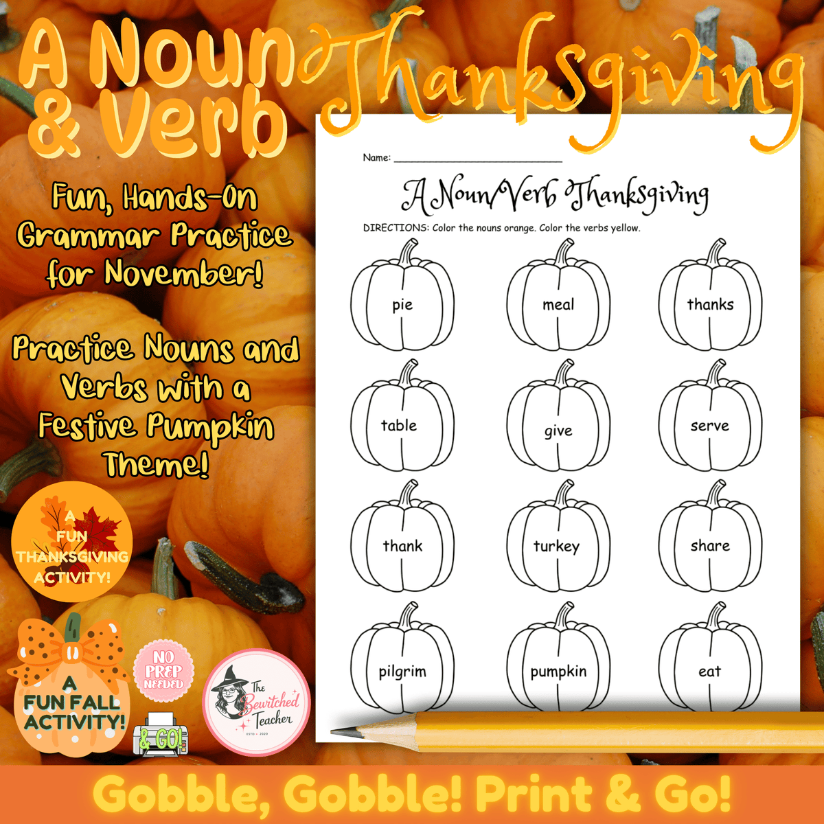 Thanksgiving Nouns and Verbs Coloring Worksheet | Grammar Grammar Activity