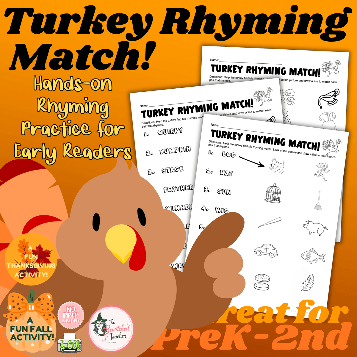Turkey Rhyming Match Bundle | Thanksgiving Literacy Center for PreK-2nd Grade
