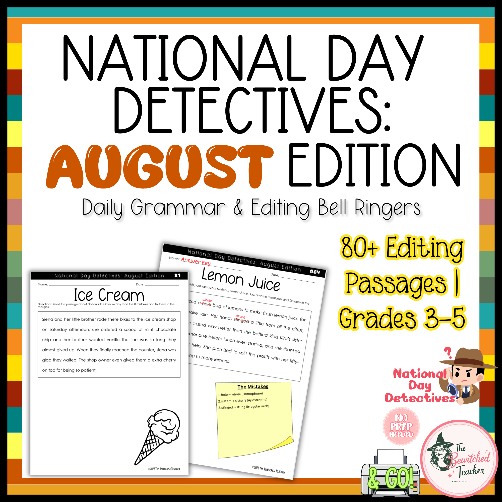 National Day Detectives: August Daily Grammar & Editing Practice | 3rd-5th Grade