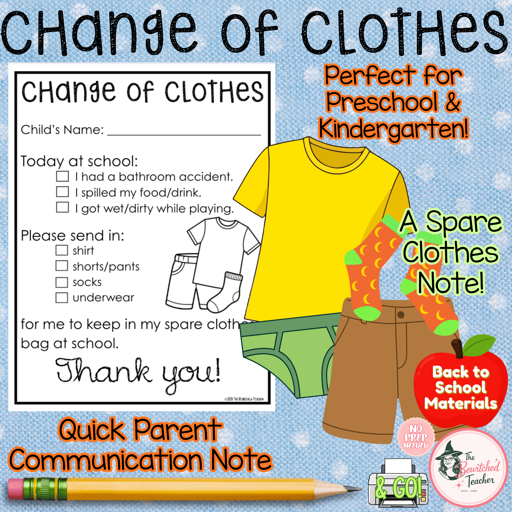 Change of Clothes Parent Note | Spare Clothes Request | Preschool Pre-K Kindergarten