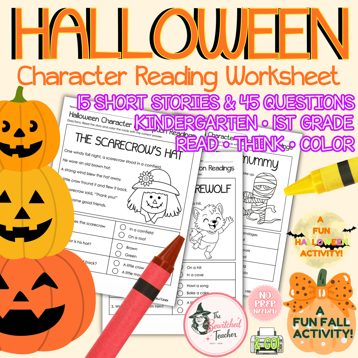Halloween Character Reading Comprehension Worksheets | Kindergarten & 1st Grade