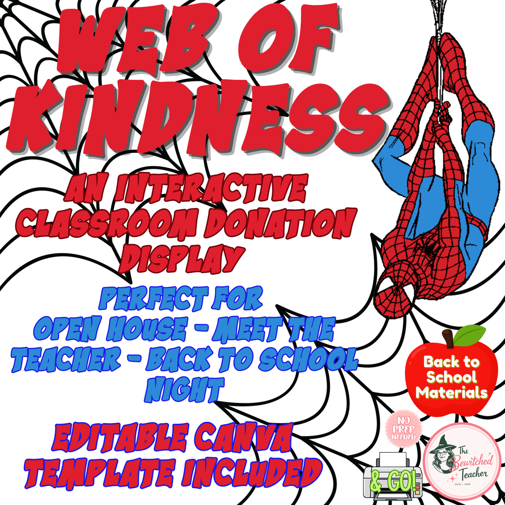 Web of Kindness Classroom Donation Display | Spiderman Back to School | Editable Canva Template