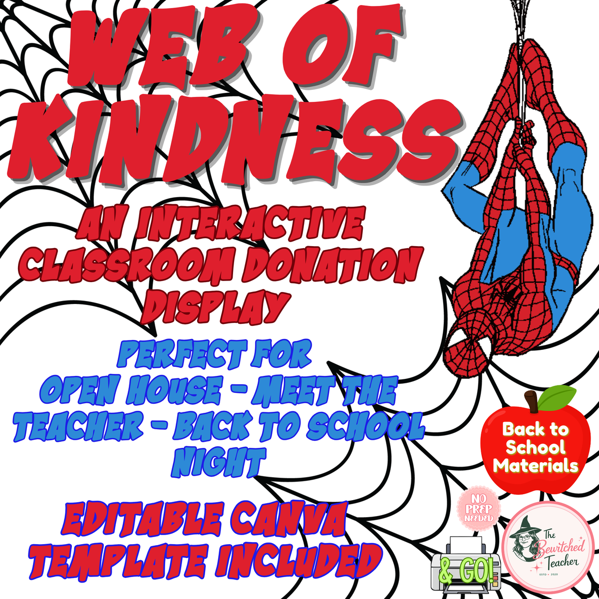 Web of Kindness Classroom Donation Display | Spiderman Back to School | Editable Canva Template