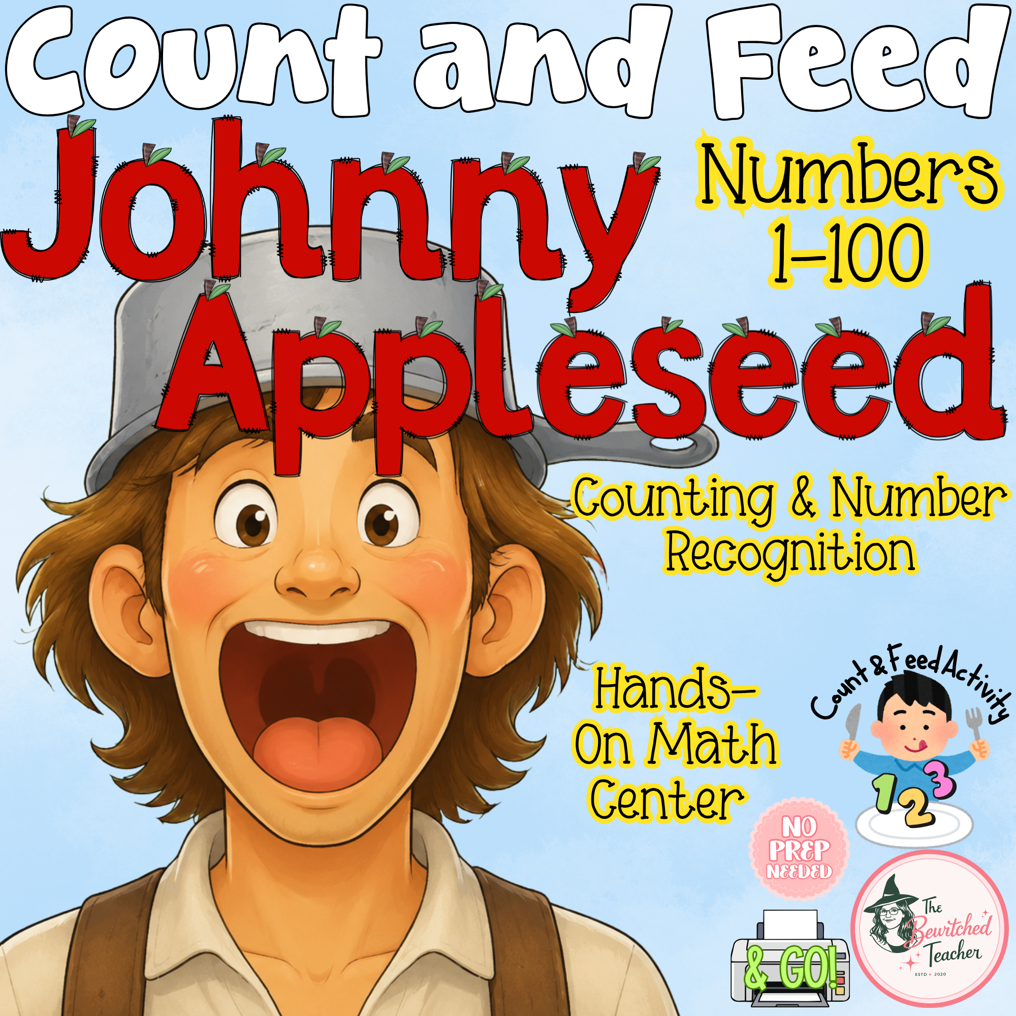 Count & Feed Johnny Appleseed | Apple Counting Math Center | Numbers 1–100