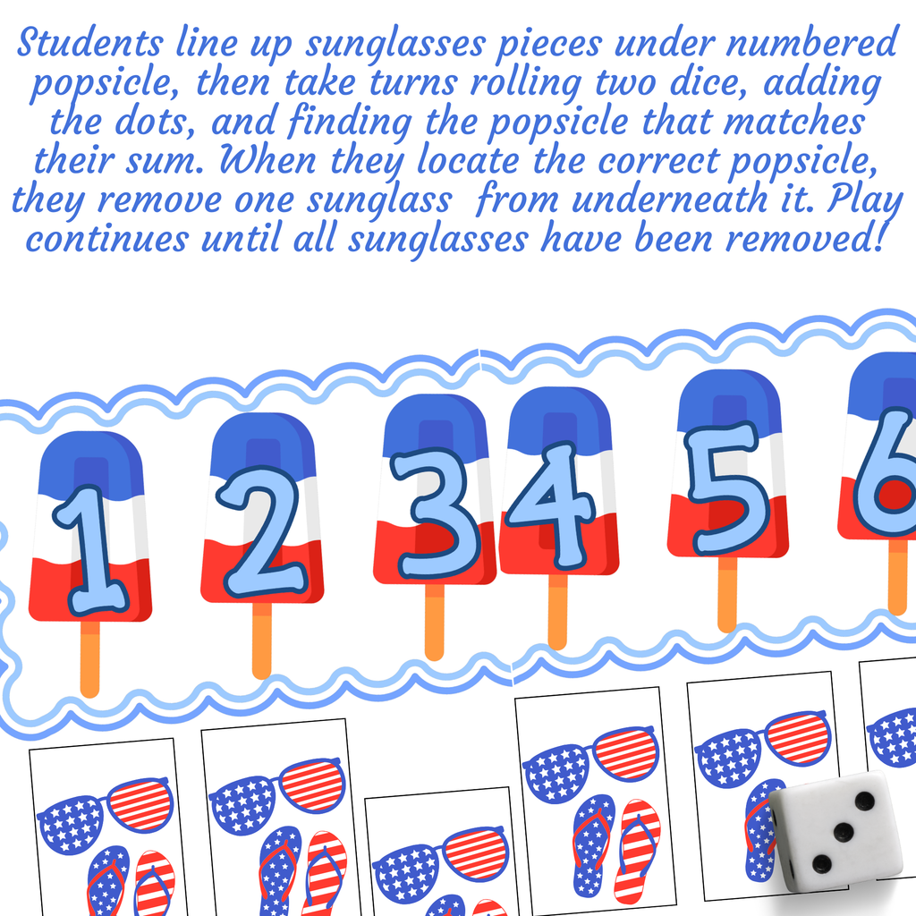 Popsicles & Sunglasses Roll & Remove | 4th of July-Themed Addition Game
