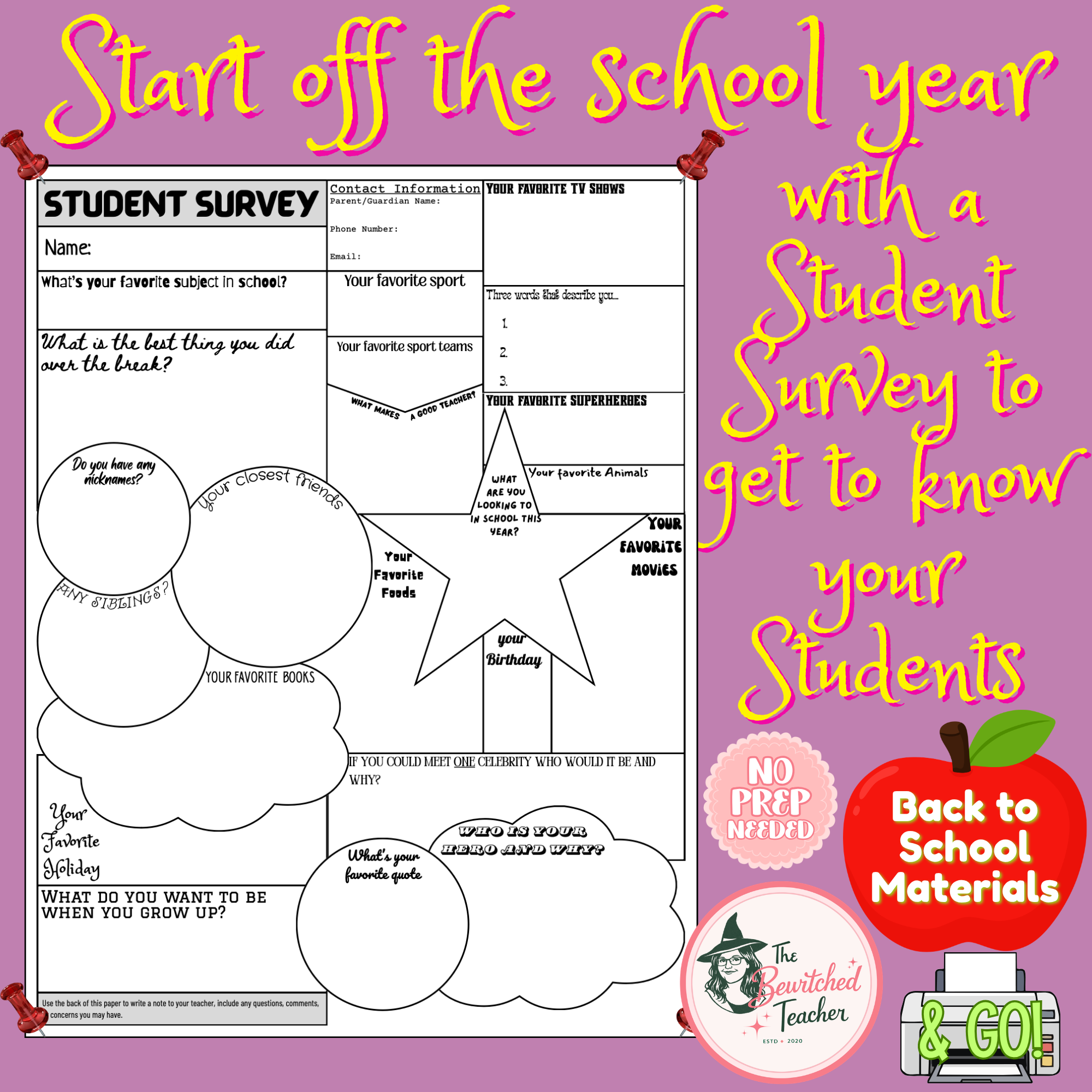 BACK TO SCHOOL - Student Survey Worksheet - Get to Know Your Students