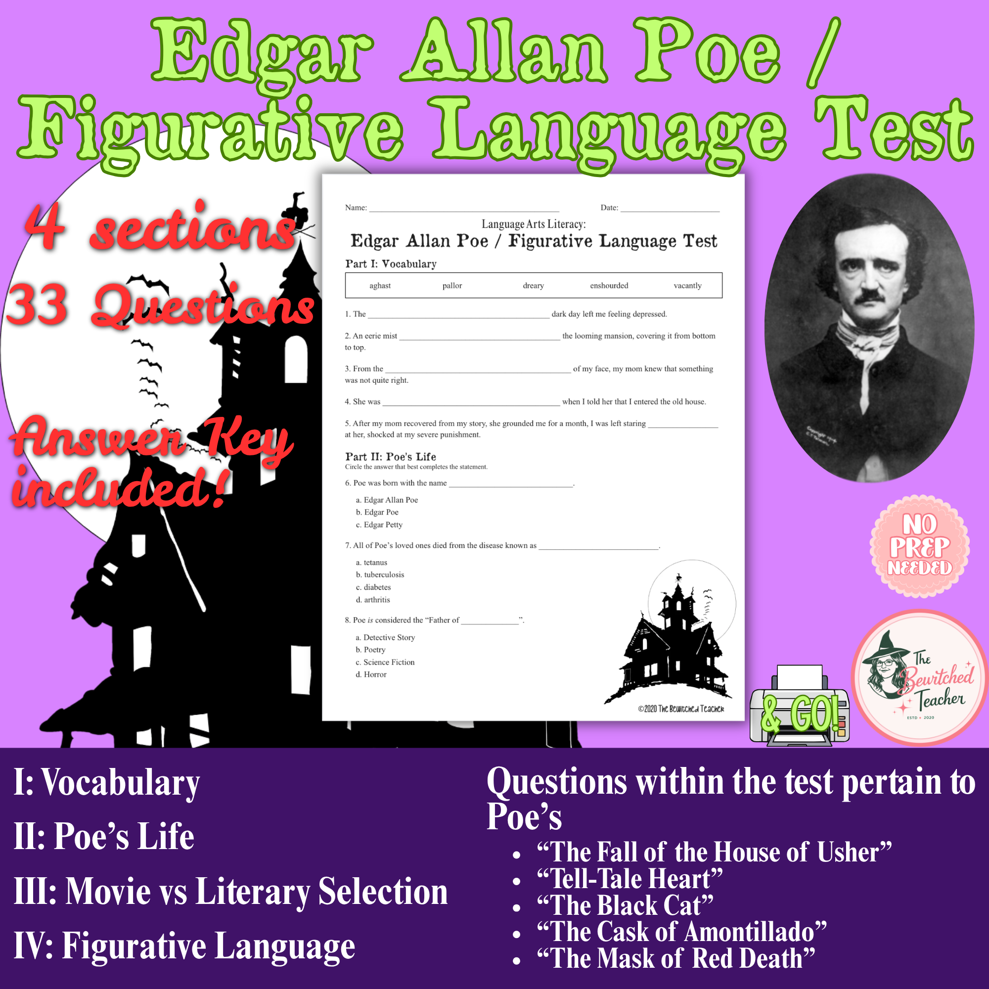 Edgar Allan Poe Figurative Language Test | Literature Assessment with Answer Key