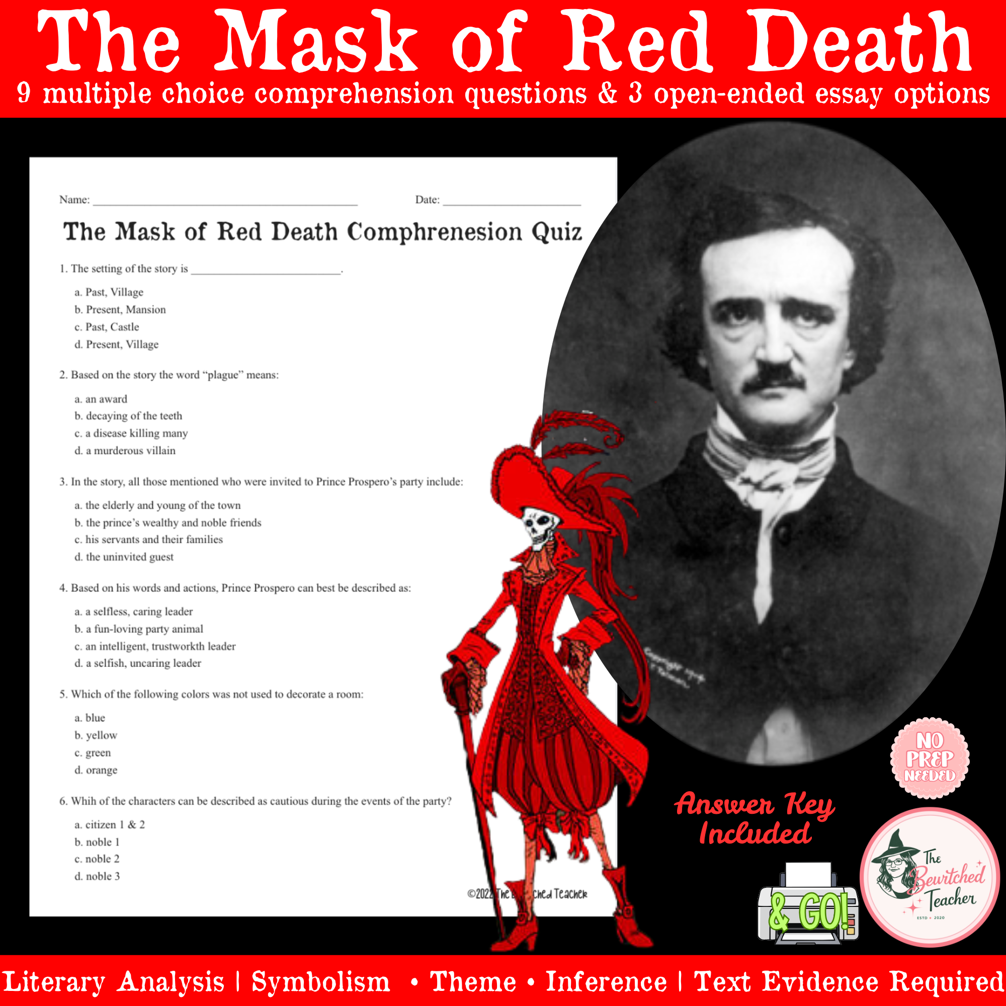 The Masque of the Red Death Comprehension Quiz | Edgar Allan Poe Assessment
