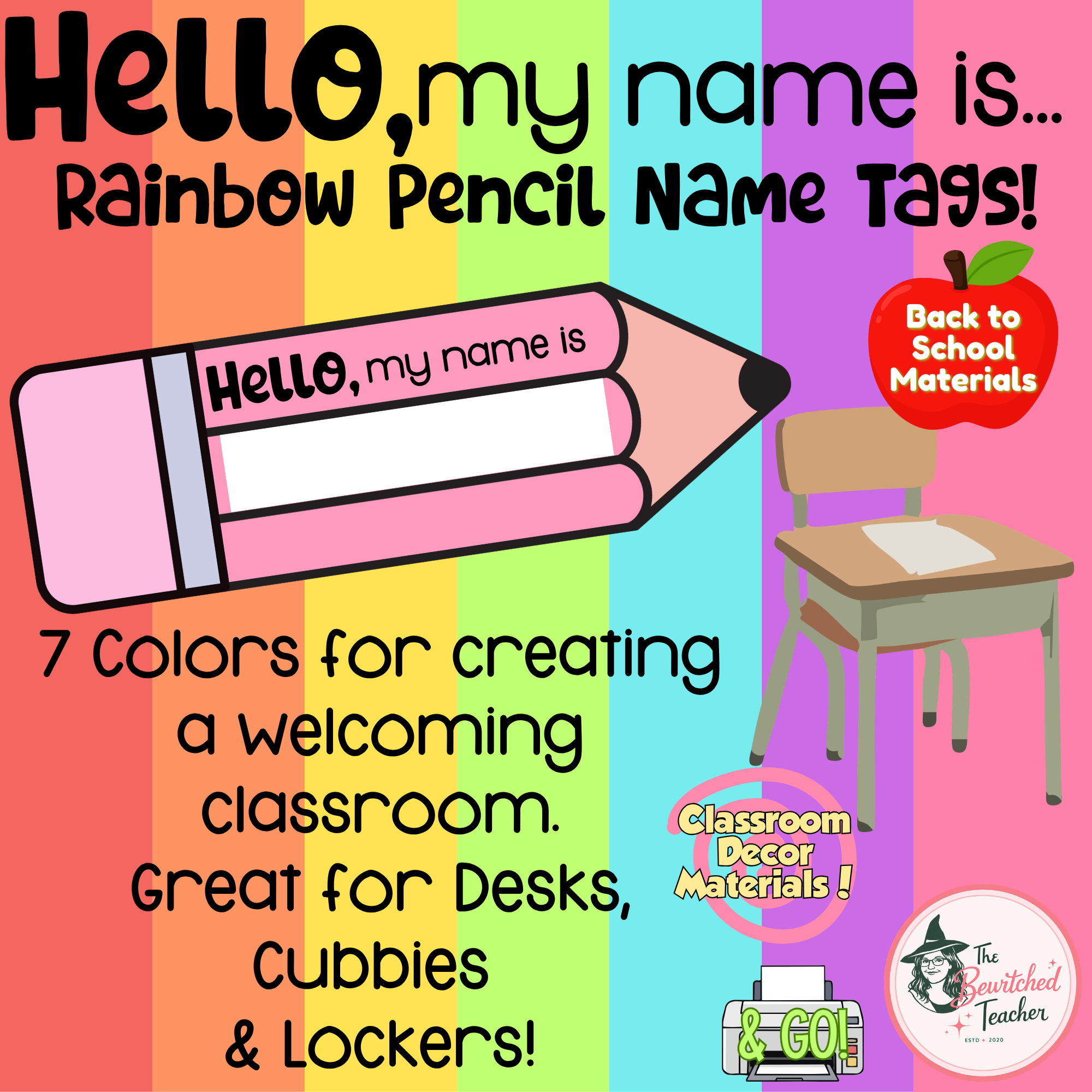 Rainbow Pencil Name Tags | Classroom Desk Name Plates | Back to School Decor